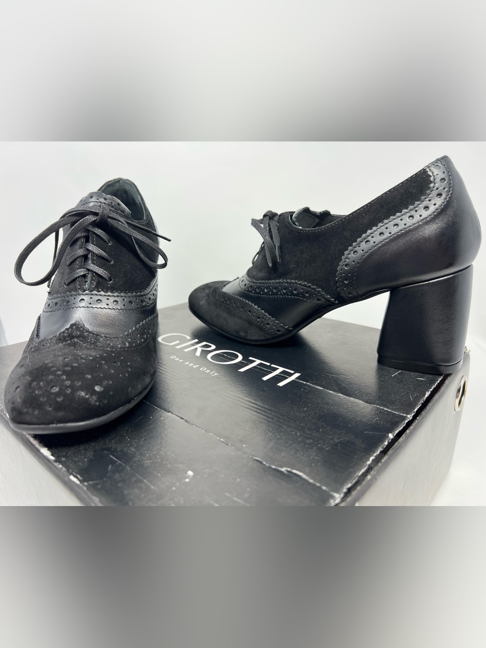 Girotti Milano Black Suede Leather Brogue Oxford Block Heels EU 41